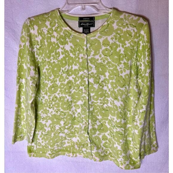 Eddie Bauer Green Floral Print Button Down Women's Cardigan -Size Medium - Picture 1 of 5